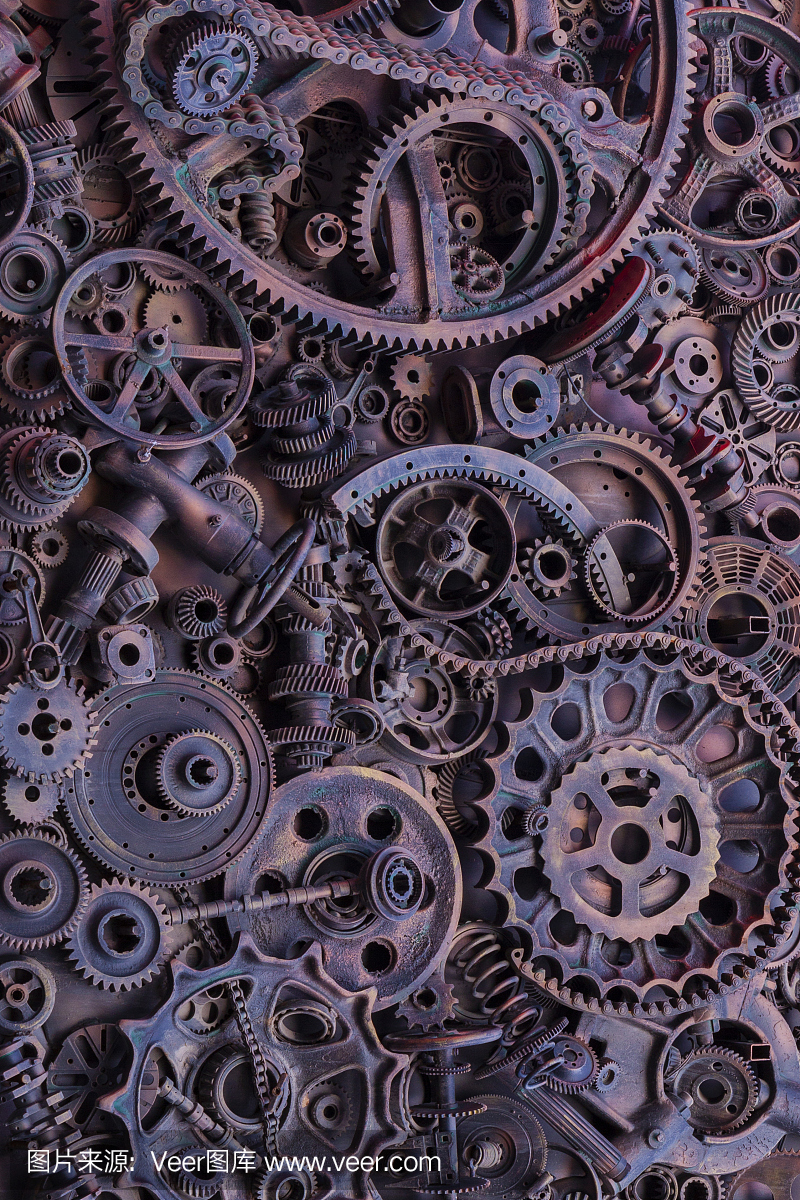 蒸汽朋克背景,機(jī)器零件,大齒輪和鏈條的機(jī)器和拖拉機(jī)。陳舊生銹的機(jī)器和機(jī)械部件。彈簧、軸承、活塞、曲軸、凸輪軸。
