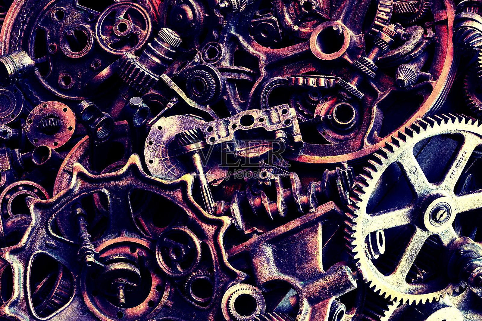 蒸汽朋克的紋理,背景與機(jī)械零件,齒輪,蒸汽朋克齒輪,堆汽車零件,舊生銹的鐵鏈,彈簧,車輪,接近照片攝影