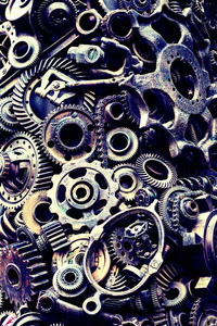 機(jī)械零件齒輪、蒸汽朋克齒輪、車輪、汽車零件堆、舊生銹的鐵鏈、彈簧、車輪關(guān)閉